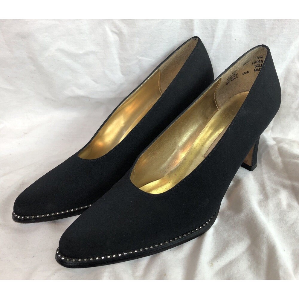 Apostrophe Piccolo High Heel Pumps 6M Blk 3” Heel Rhinestone Accents Point Toe